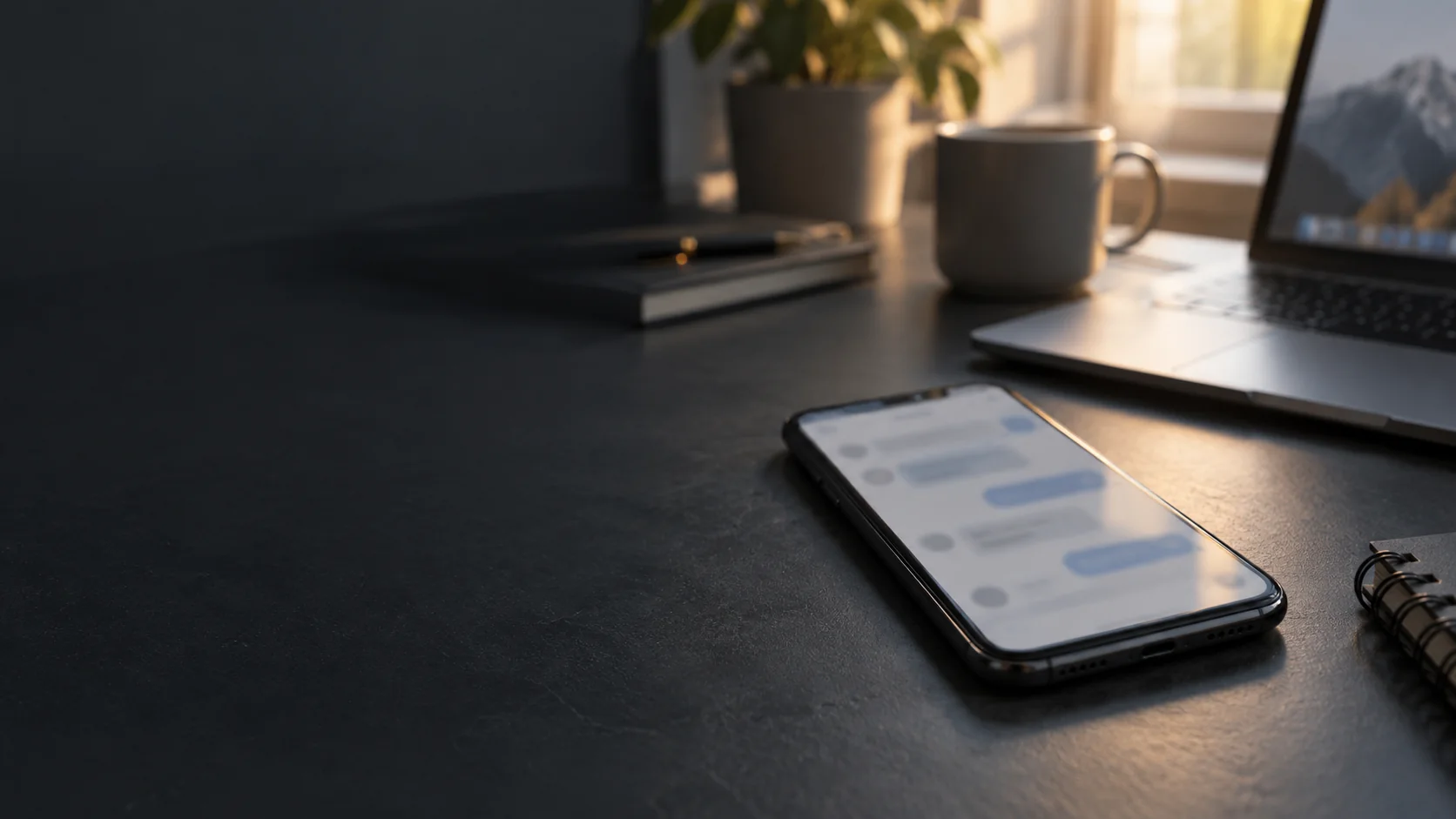 Illustrative phone and notebook on a calm desk
