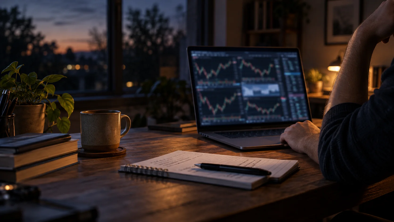 Illustration of a quiet desk with several chart windows open